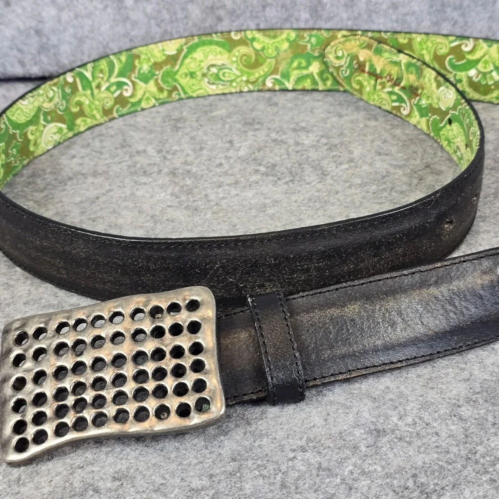 Robert Graham Belt Mens Black Leather Green Paisley Lining Silver Buckle 43